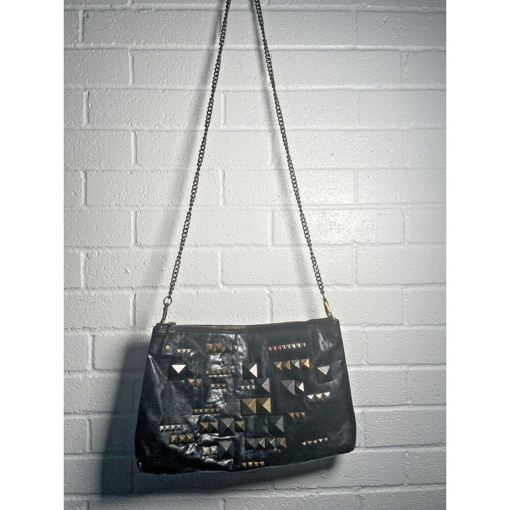 Cynthia Rowley Clutch Handbag Studded XL Crossbody Purse Moto Black Leather Bag